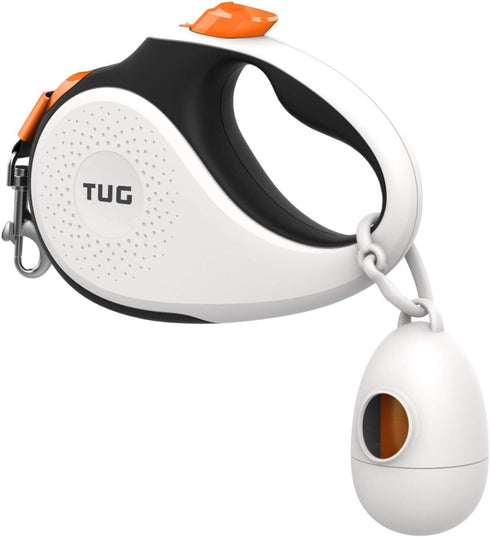 TUG 360° Tangle-Free Retractable Dog Leash with Waste Bag Dispenser (Small, White/Orange)