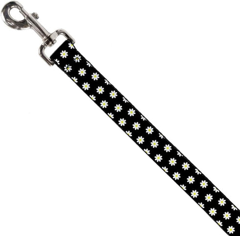 Buckle-Down Dog Leash, Daisies Scattered in Black White Yellow, 6 Feet Long, 0.5 Inch Wide