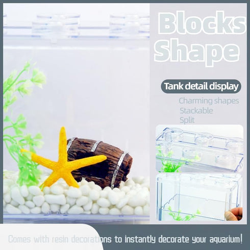 Small Betta Fish Tank, Stackable Mini Fish Tank Tiny Aquarium Tank Kit with Aquarium Gravel & Resin decorations, 0.6 Gallon Cube Desktop Fishbowl for Snails, Crabs, Starfish (Clear)