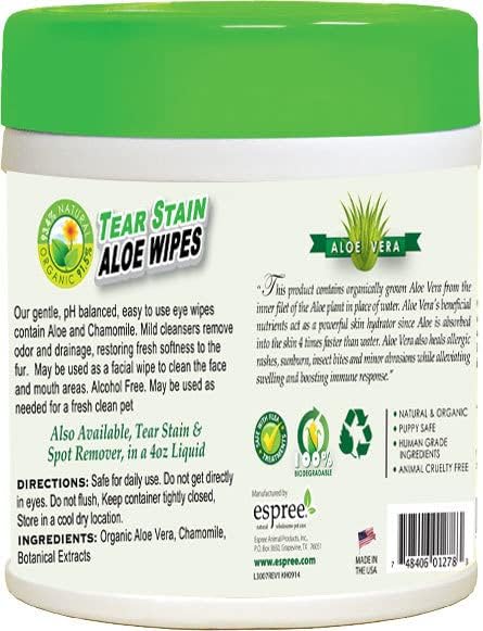 Espree Tear Stain Wipes - 60 Count for Pet Grooming