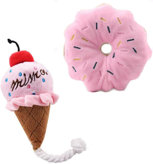 HEAT PAWS Pink Donut & Ice Cream Dog Plush Toys | Plush-Filled Squeaky Chew
