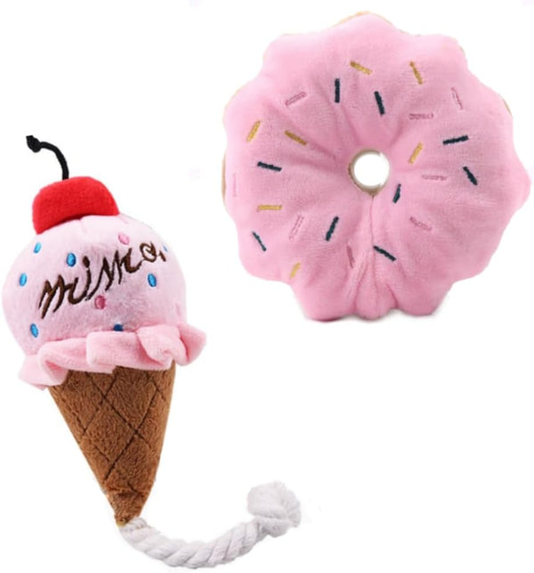HEAT PAWS Pink Donut & Ice Cream Dog Plush Toys | Plush-Filled Squeaky Chew