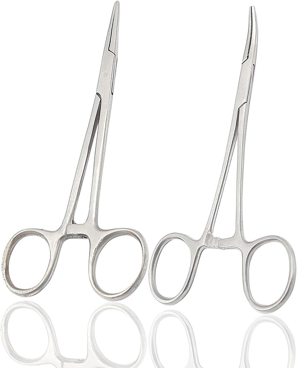 Pet Hemostat Forceps, Stainless Steel Ear Scissors for Dog and Cat, Straight and Bent, 5-inch