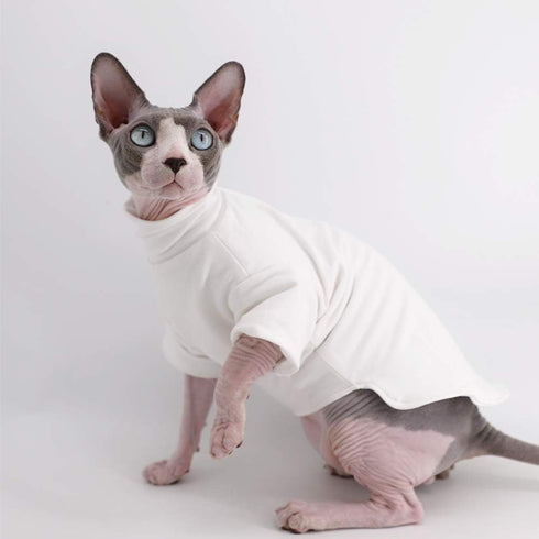 Winter Thick Cotton T-Shirts for Sphynx Cats, Double-Layer Pullover Kitten Shirts with Sleeves, White (M 5.5-7.1 lbs)