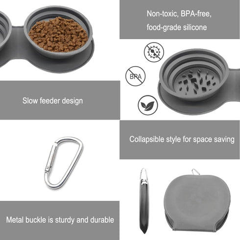 IFOYO Collapsible Dog Bowls, 2 in 1 Upgrade Foldable Travel Pet Food Bowl with Non-Skid Silicone Mat (Gray)