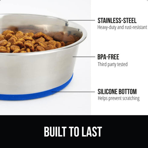 Gorilla Grip Stainless Steel Metal Dog Bowl Set of 2, Rubber Base, Heavy Duty Feeding Dishes, Food Grade BPA Free, Less Sliding, Quiet Pet Bowls for Cats and Dogs, Holds 2 Cups (16 fl oz), Royal Blue