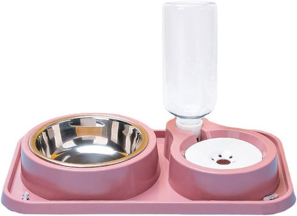 Double Dog Cat Bowls Set with Automatic Water Dispenser Bottle, Detachable Stainless Steel Bowl, No-Spill for Cats,