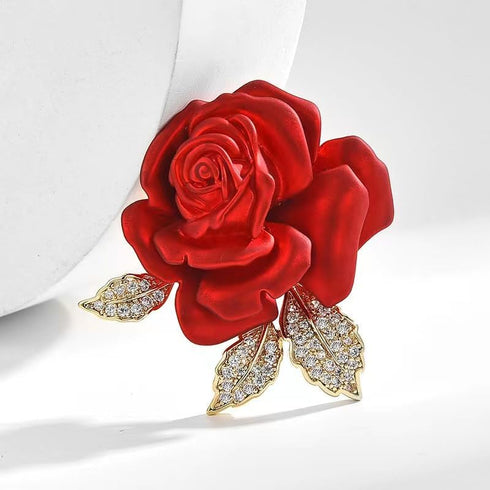 Rhinestone Rose Brooch Pins, Red Flowers Brooches for Women/Girls, Fashion Jewelry Gift