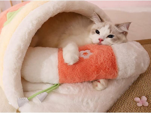 Cute Sakura Cat Sleeping Bag with Pillow, Cozy Cave Bed for Cats and Puppies Below 13lbs, Red