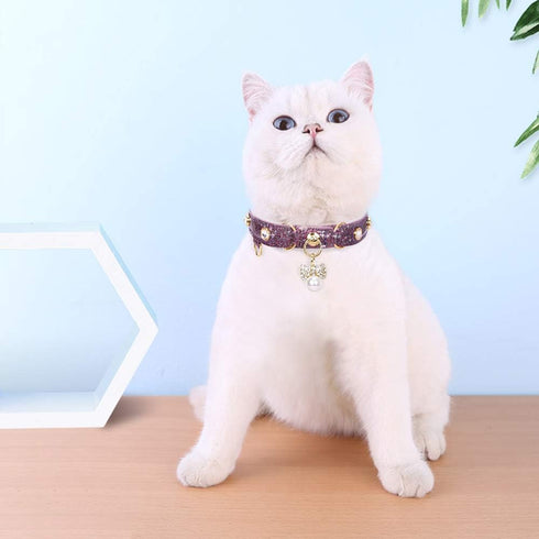 PetsHome Cat Collar, Dog Collar, Bling Rhinestones PU Leather Adjustable Pet Collar for Big Cat and Small Dog
