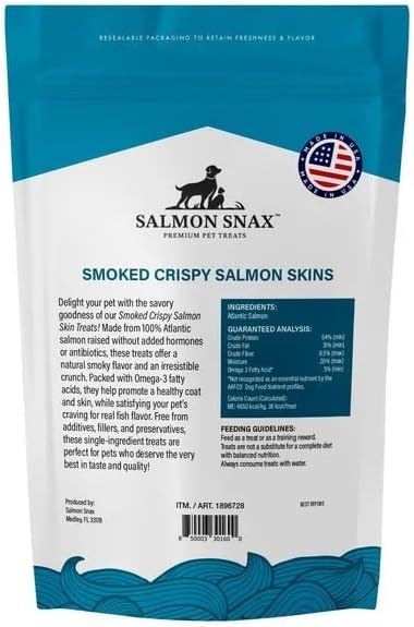 Salmon Snax 12 oz 100% Omega-3 Dog Treats Smoked Crispy Salmon Skin, Atlantic Salmon, All Natural, Single-Protein