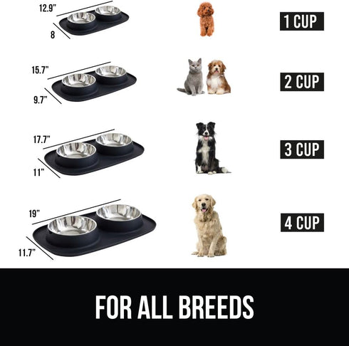 Gorilla Grip 100% Waterproof BPA Free Cat and Dog Bowls, Silicone Feeding Mat Set with Stainless Steel Bowl