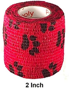 Vet Wrap Tape (Red with Paws) (2 Pack) (4 Inch x 15 feet) Self Adhesive Cohesive Flex Bandage for Pets
