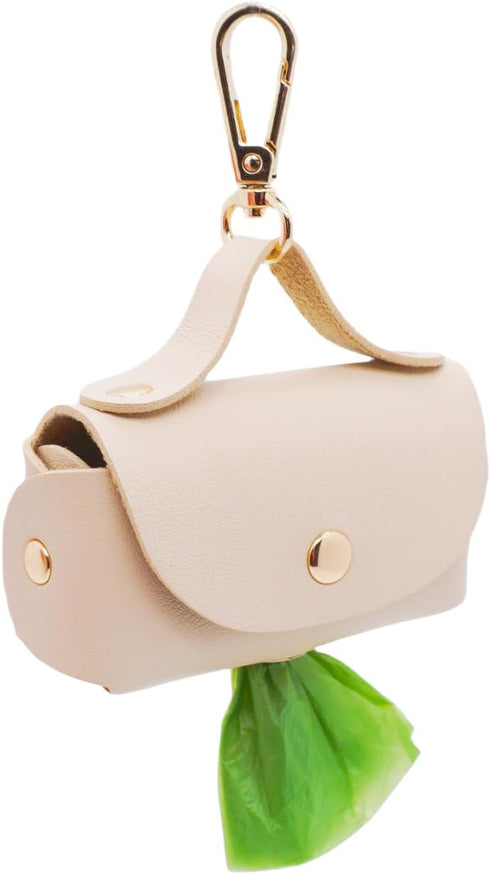 Leather Poop Bag Holder Dispenser for Leash, Portable Reusable Dog Poop Bag Holder for Walking and Outdoor (Beige)