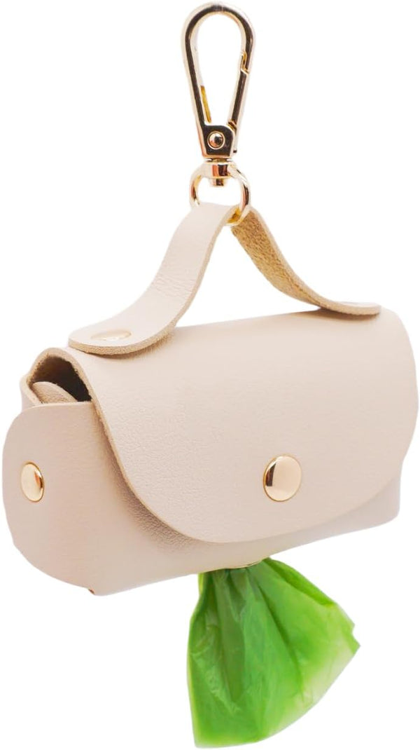 Leather Poop Bag Holder Dispenser for Leash, Portable Reusable Dog Poop Bag Holder for Walking and Outdoor (Beige)