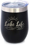 Lake Life Wine Tumbler with Sliding Lid, Stemless Stainless Steel Insulated Cup for Outdoor Camping, Black.