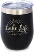 Lake Life Wine Tumbler with Sliding Lid, Stemless Stainless Steel Insulated Cup for Outdoor Camping, Black.