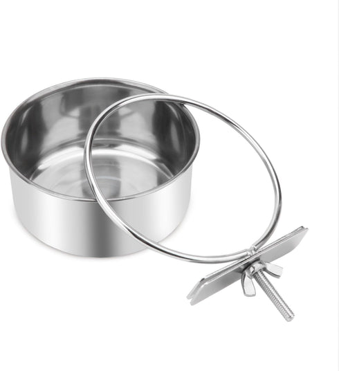Pet Food Water Bowl with Clamp Holder - Stainless Steel Coop Cup Hanging Feeder for Dog, Bird, Cat