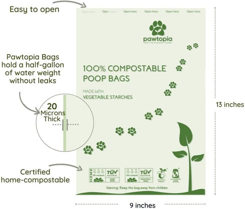(120), Pawtria Certified Home Compostable Dog Poop Bags Poop Bags for Dogs, Cat Litter, Vegetable Starches, Dog Waste