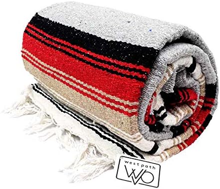 Heather Gray Mexican Yoga Blanket - Thick Grey Diamond with Camel, Tan, & Rust Stripes