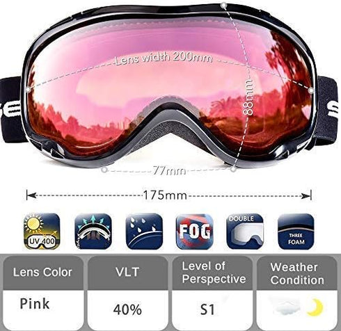 Ski Goggles Over Glasses - Anti Fog Snowboard Goggles for Men, Women, 100% UV Protection