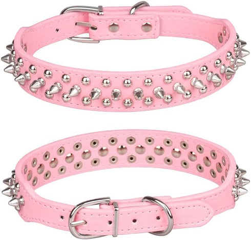 Spiked Studded Dog Collar, Adjustable Soft Leather Puppy Collar for Small Medium Dogs (L, Pink-2)