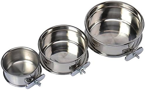 Stainless Steel Coop Cups with Clamp Holder for Dogs - Hanging Bowl, Metal Food Water Feeder for Small Animals