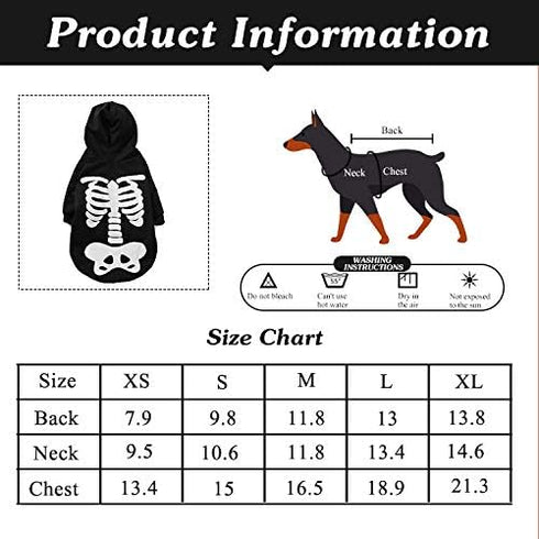 Halloween Pet Dog Cat Skull Hoodies, Glowing Skeleton Bones Costume Outfit for Dogs and Cats, L