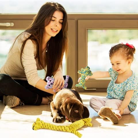 SunGrow Cotton Rope Knot Puppy & Ferret Toys, 3 Pieces, Tough Teething Chewable Teddy Bear, Giraffe, Dog, Multicolor