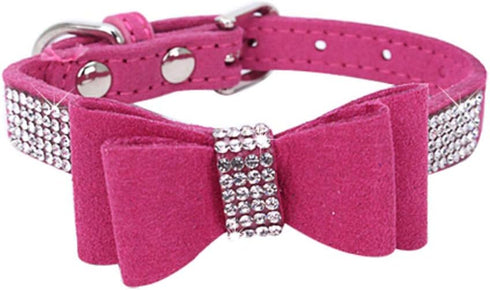 Dogs Kingdom Adjustable Cute Pet Dog Velvet Bow Tie Collar, Full Crystal Rhinestone Necklace, Rose Red, L