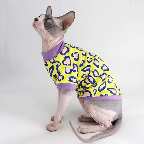 Sphynx Hairless Cat Cute Summer Cotton T-Shirts, Round Collar Kitten Shirts Cats Apparel (Leopard, X-Large)