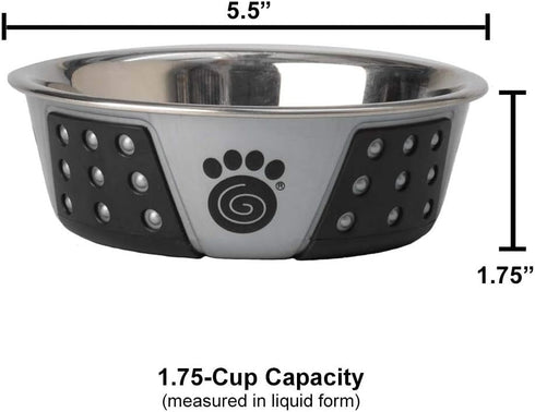 PetRageous 13097 Fiji Stainless Steel Non-Slip Dog Bowl 1.75-Cup Capacity, 5.5-inch Diameter, Light Grey and Black