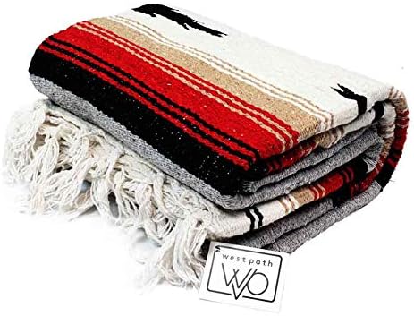 Heather Gray Mexican Yoga Blanket - Thick Grey Diamond with Camel, Tan, & Rust Stripes