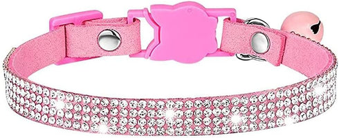 Rhinestones Dog Cat Collars with Bell, Bling Velvet Crystal Collars for Girl Pets, Jeweled Necklace (Pink)