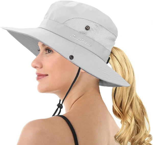 Women’s Outdoor Mesh Sun Hat, Foldable UV Protection Bucket Hat with Ponytail-Hole for Summer Beach Hiking