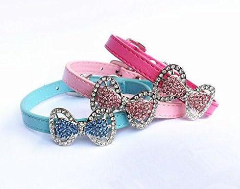 Leather Rhinestone Bow Tie Pet Cat Dog Collar Necklace Jewelry for Small Dogs, Girl Kitten Puppy Teacup Chihuahua