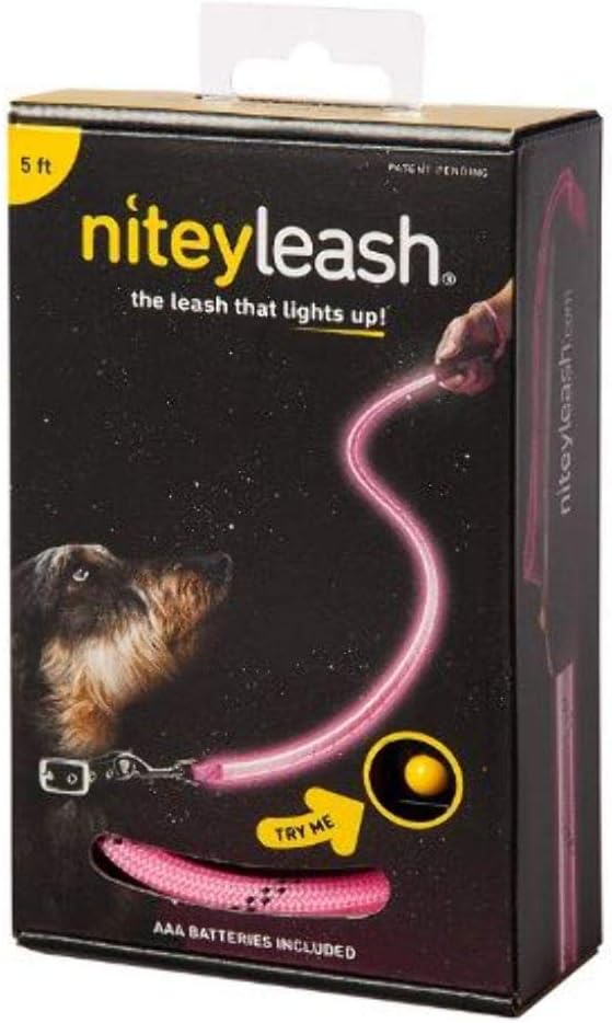 Nitey Leash - LED Glow in The Dark Pet Dog Leash, 5 Feet, Pink