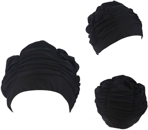 Women Pleated Cloth Fabric Swimming Hat, Swim Cap Bathing Cap (Black)