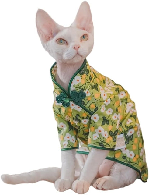 Traditional Culture Sphynx Hairless Cat Cotton T-Shirts, Pet Sweater Vest for Cats & Small Dogs (White Petunia Chi-Pao,