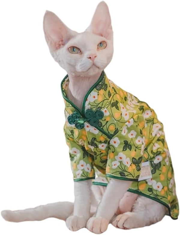 Traditional Culture Sphynx Hairless Cat Cotton T-Shirts, Pet Sweater Vest for Cats & Small Dogs (White Petunia Chi-Pao,