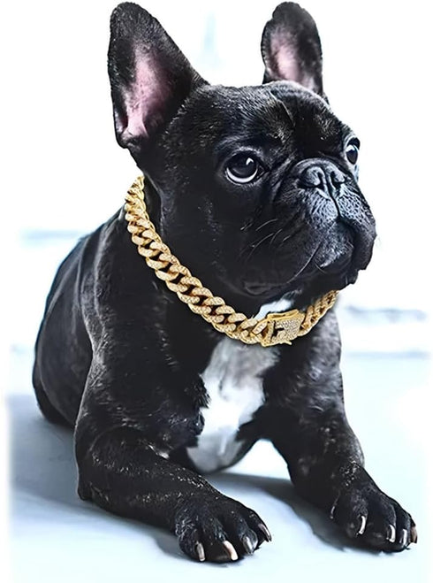 Dog Chain Collars, Diamond Necklace Metal Choke Cuban Link, 13mm Wide Pet Jewelry for Small, Medium, Large Dogs, Gold