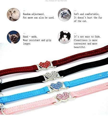 CHUKCHI Pink Soft Velvet Safe Cat Adjustable Collar with Crystal Heart Charm, 8-11 Inches