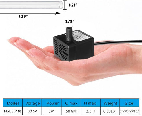 PULACO DC 5V USB Mini Submersible Water Pump with Tubing for Pet Fountain, Aquarium, Pond, Hydroponics