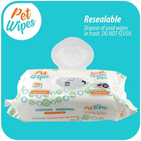 Pet Wipes for Dogs & Cats - Hypoallergenic Natural Cleansing Wipes, 100 Count, Made in The USA, Fragrance-Free