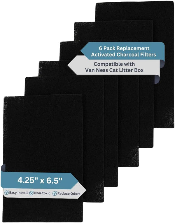 6-Pack Activated Carbon Filters for Litter Box - Pre-Cut 4.25" x 6.5" Replacement Filters for Odors and Dust