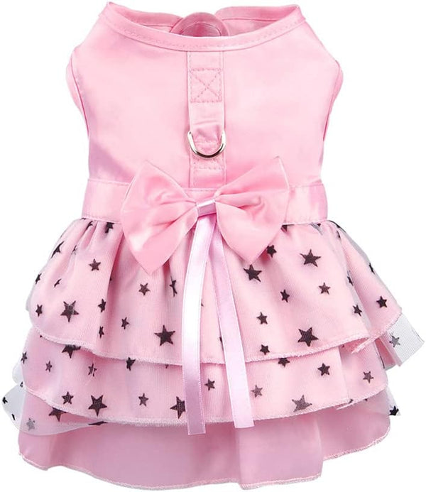 Hdwk&Hped Dog Dress with Leash Ring, Princess Multi-Layer Pleated Skirt for Small Dog Puppy Cat (Pink #1)