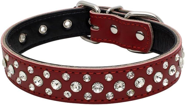 Rhinestones Dog Collar, Adjustable Sparkly Crystal Studded Genuine Leather for Small and Medium Dogs (L, Red)