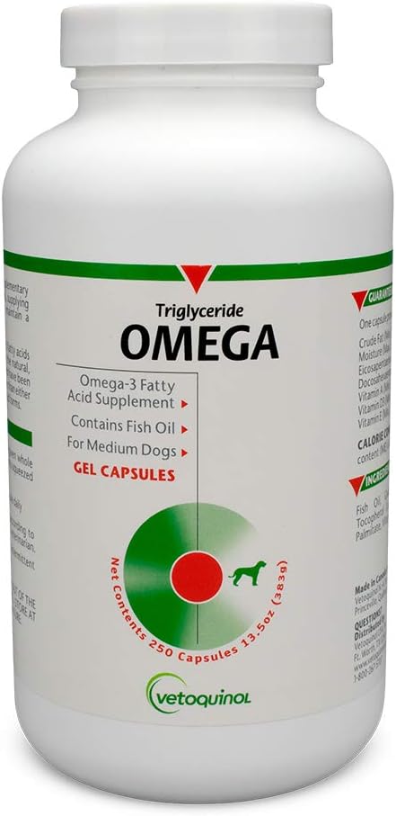 Vetoquinol Triglyceride Omega Dog Supplement Capsules - 250ct for Medium-Breed: 30-60 lbs