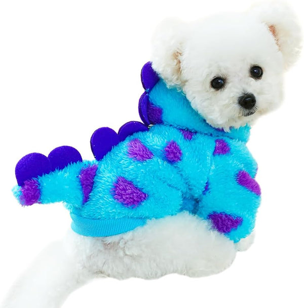 Dinosaur Dog Clothes for Small Dogs: Fleece Winter Puppy Hoodies with Leash Ring, Funny Costume for Christmas Halloween