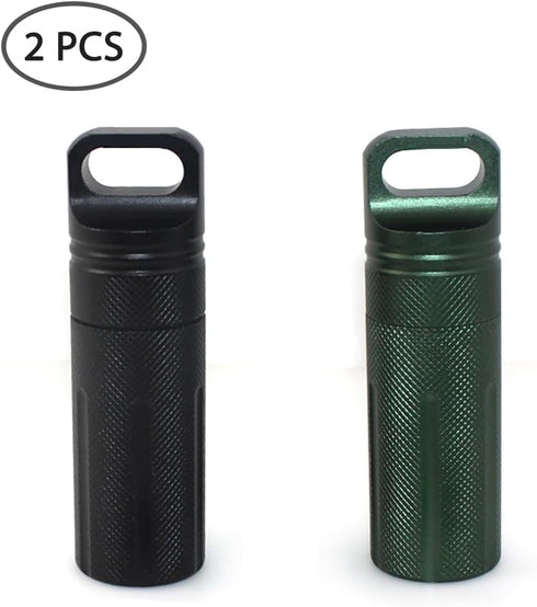 SENHAI Air-Tight EDC Accessory Case Waterproof Pill Capsule Fob Bottle, 2 Pack Aluminum Outdoor Dry Containers Match Seal Storage Case, with 2 Locking Carabiners - Black, Green
